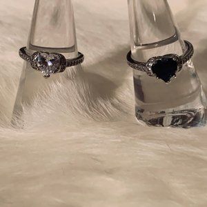 Two Heart Shaped Clear and Blue Stones Silver Tone Bands